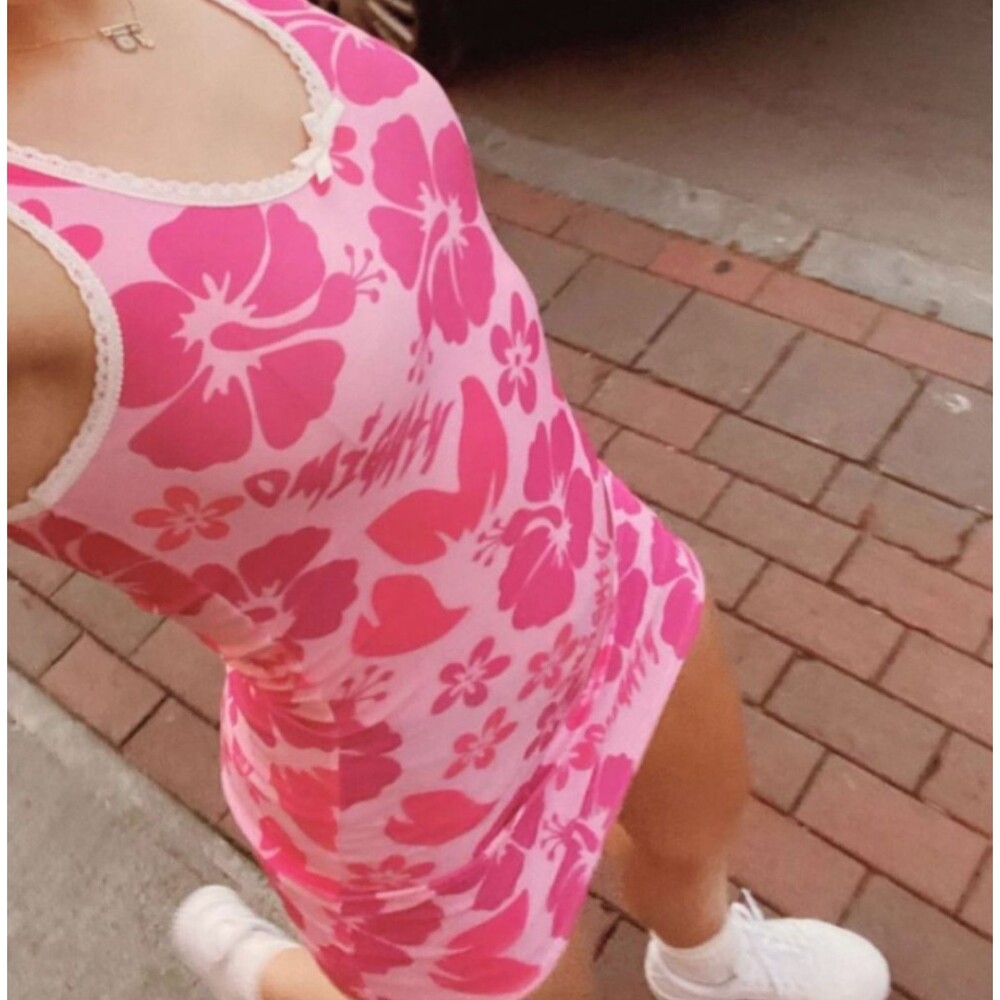 O'Mighty Floral Dress hibiscus bodycon tank mini womens Pink (small) summer